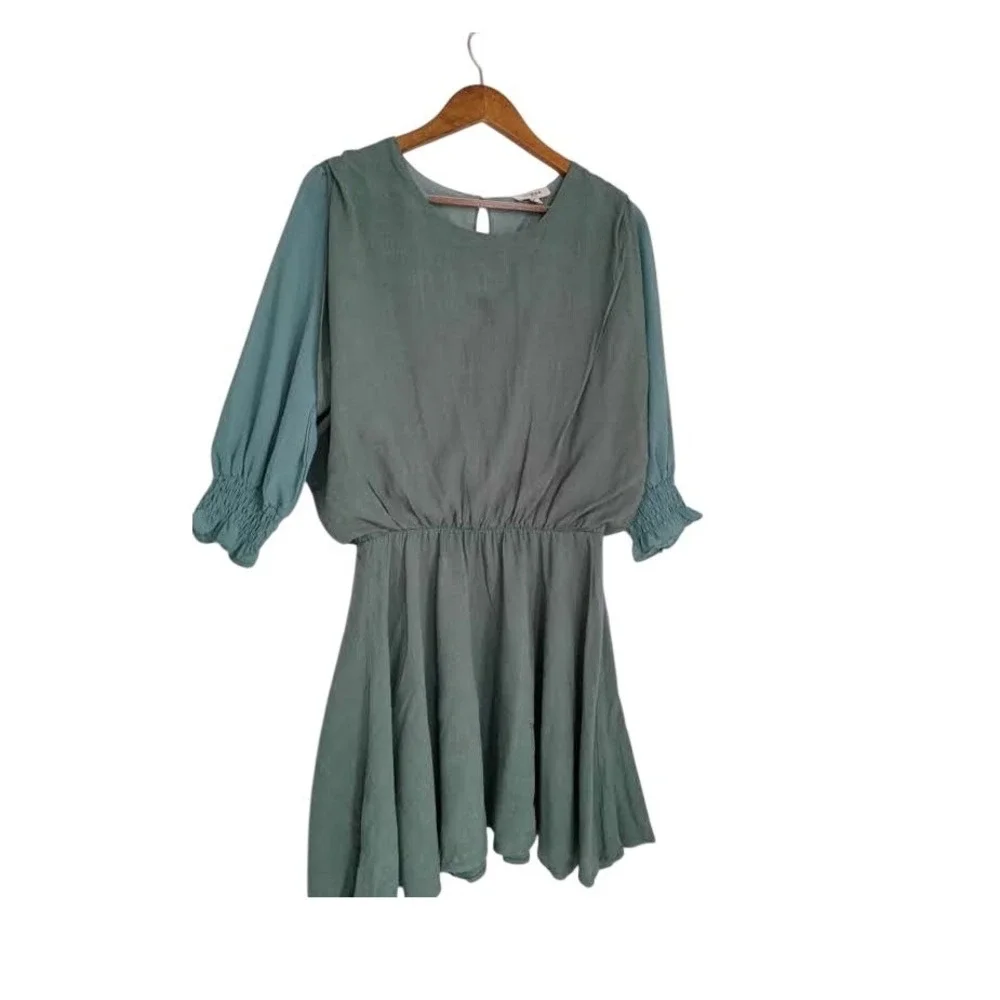 UMGEE‎ Sage Green Linen Mini Dress Blue Contrast Slve Smocked Cuff S Cottagecore